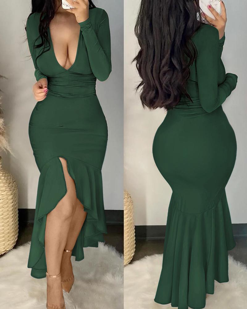 

Vestido de sirena de manga larga con cuello en V profundo, Green