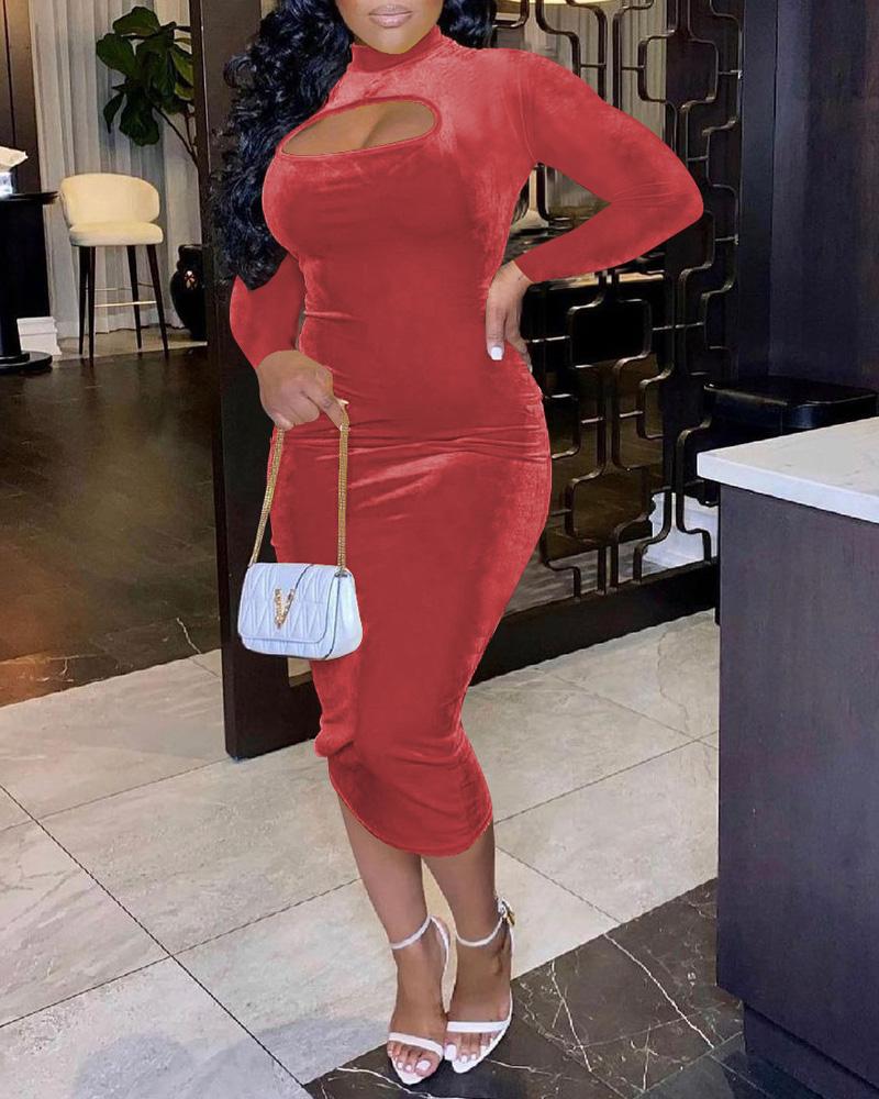 

Velvet Cutout Long Sleeve Skinny Dress, Red