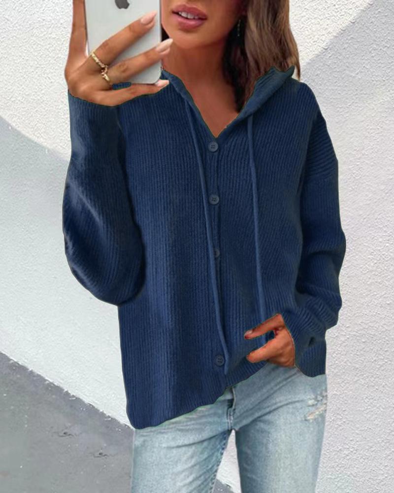 

Long Sleeve Hooded Button Front Cardigan, Purplish blue