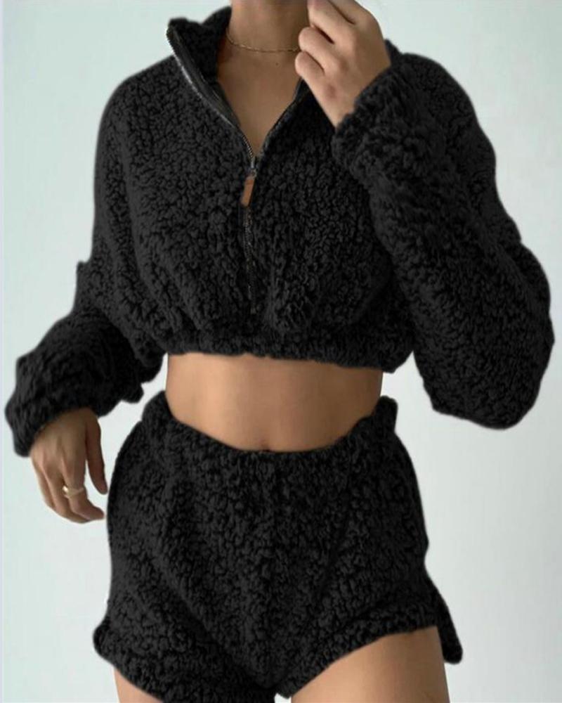 

Long Sleeve Zipper Design Fluffy Coat & Shorts Set, Black