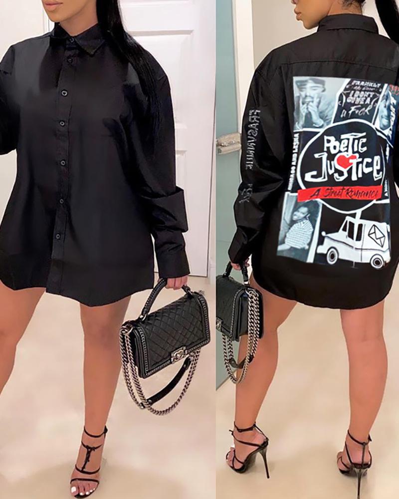 

Letter Figure Print Button Design Shirt Dress, Black
