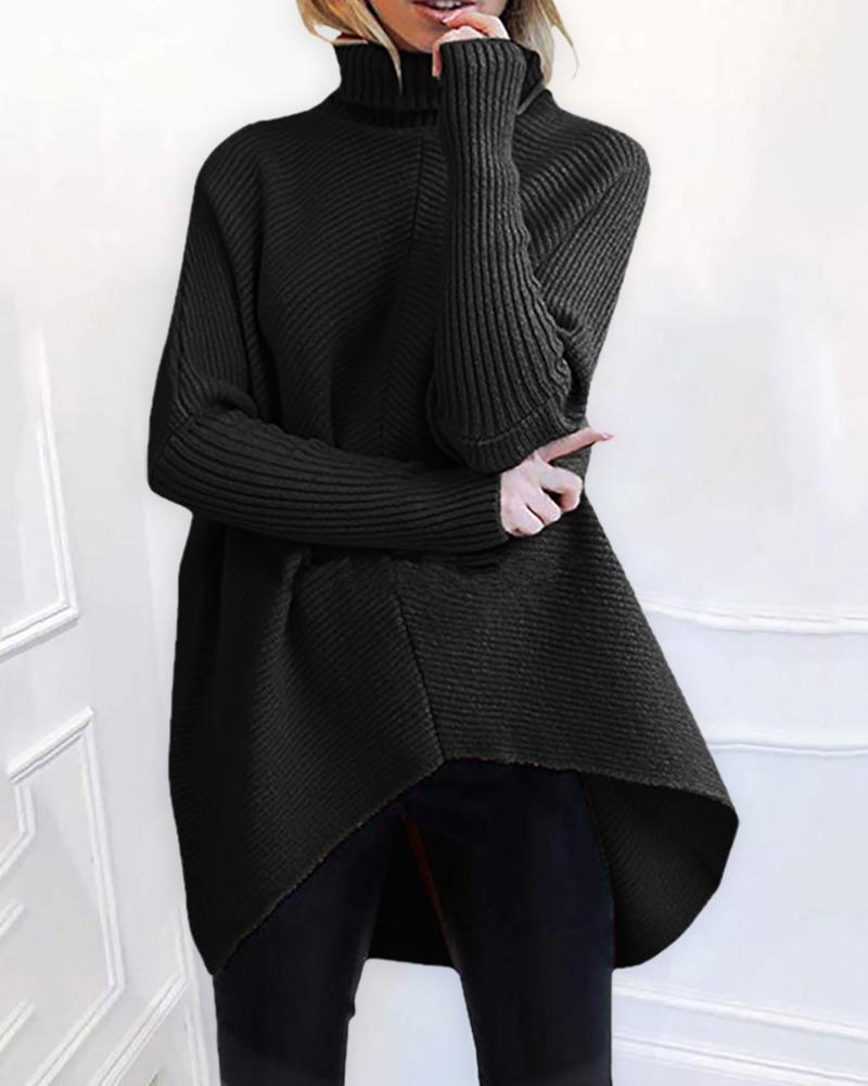 

Turtle Neck Plain Bat Wing Sleeve Sweater, Black