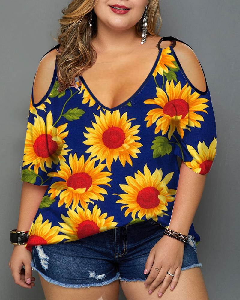 

Plus Size Sunflower Print Cold Shoulder Top, Yellow