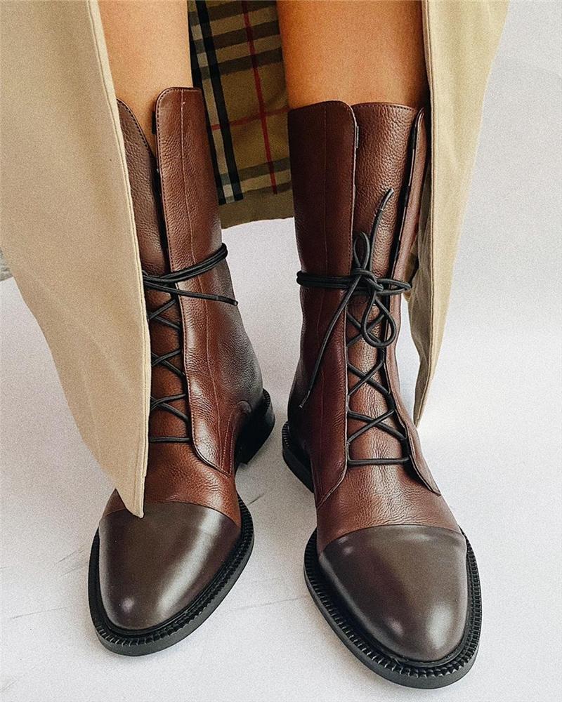 

Pebble Grain Lace-Up Biker Boots, Brown