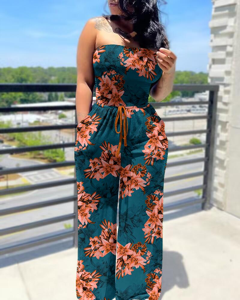 

Floral Print Shirred Bandeau Jumpsuit, Multicolor