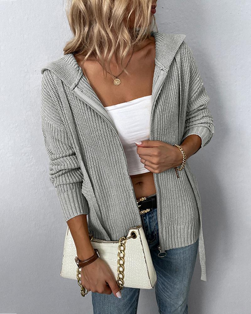 

Zipper Pocket Design Hooded Cardigan, Gray