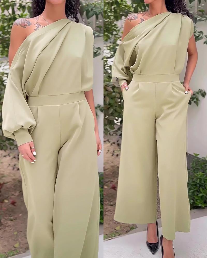 

Skew Neck Ruched Wide Leg Jumpsuit, Olive green