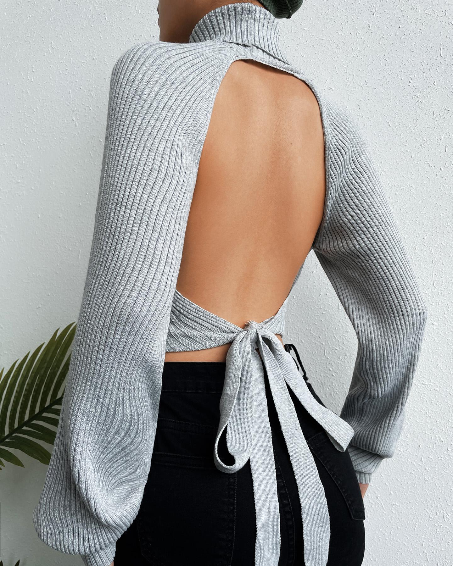

Tied Open Back Lantern Sleeve Sweater, Gray