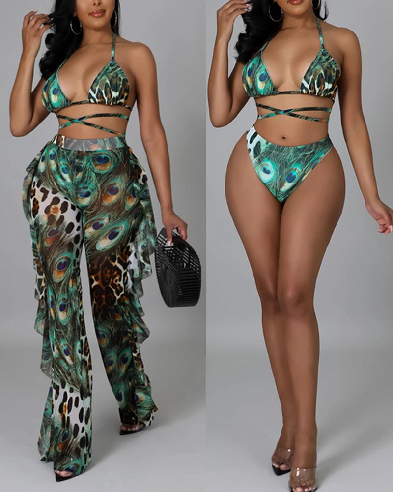 

3PCS Peacock Print Criss Cross Bikini Set With Cover Up, Green