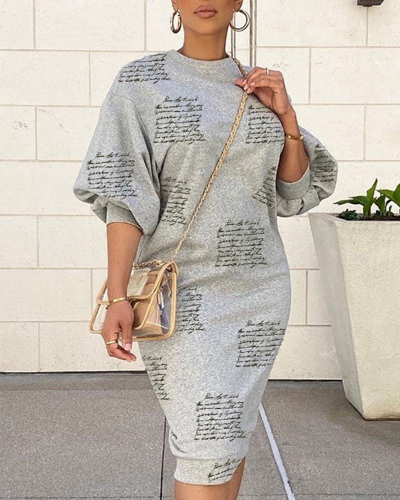 

Letter Print Lantern Sleeve Sweatshirt Dress, Gray