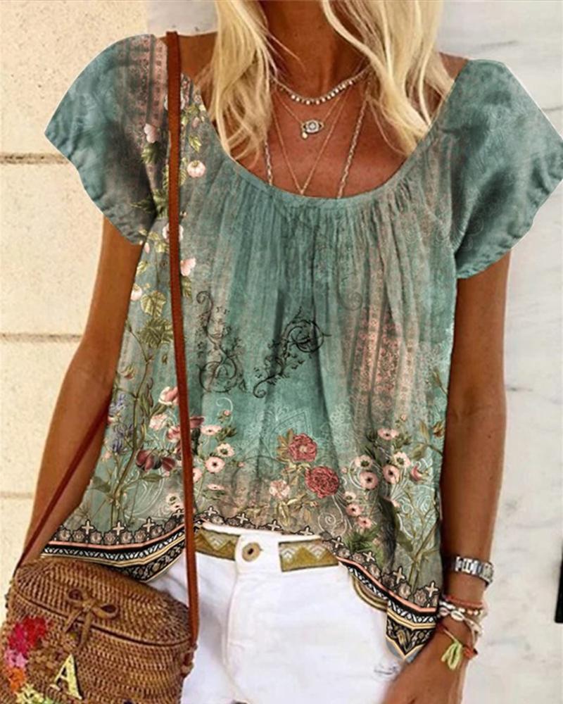 

Floral Tribal Print Scoop Neck T-Shirt, Green