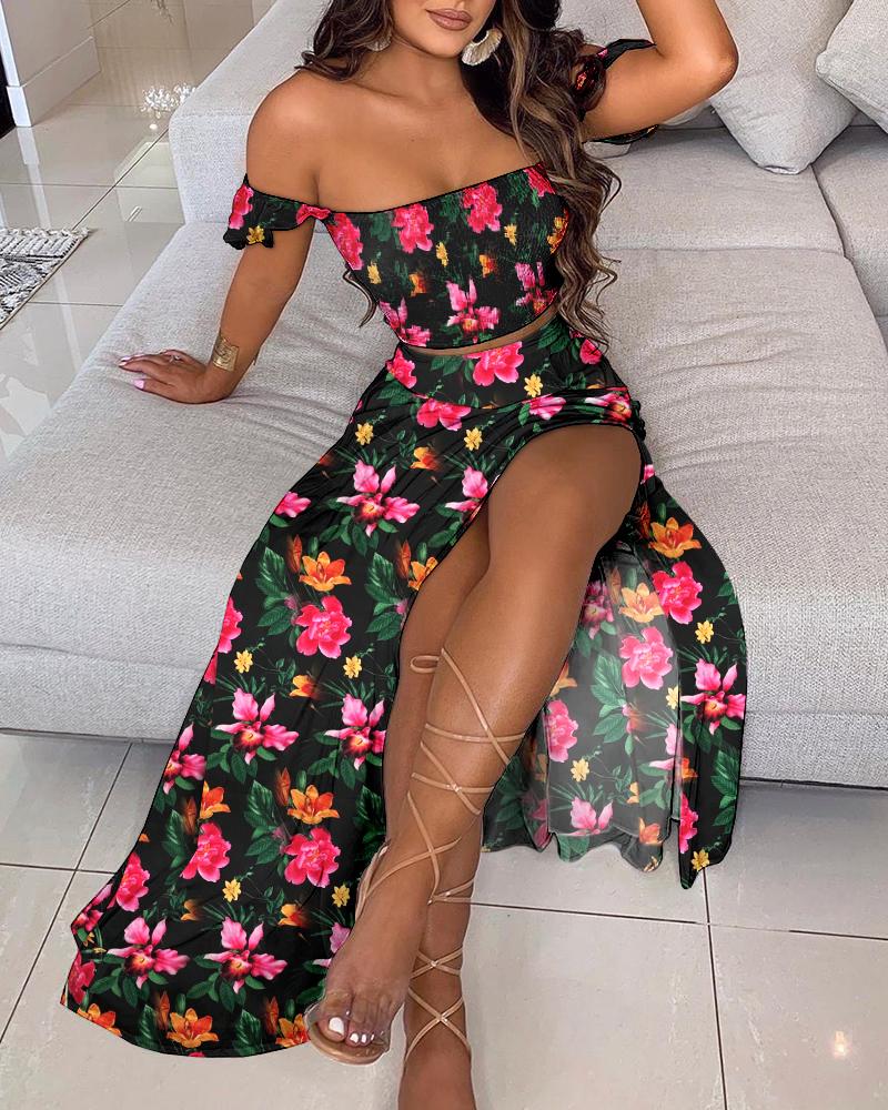 

Tropical Print Off Shoulder Crop Top & Split Thigh Skirt Set, Black