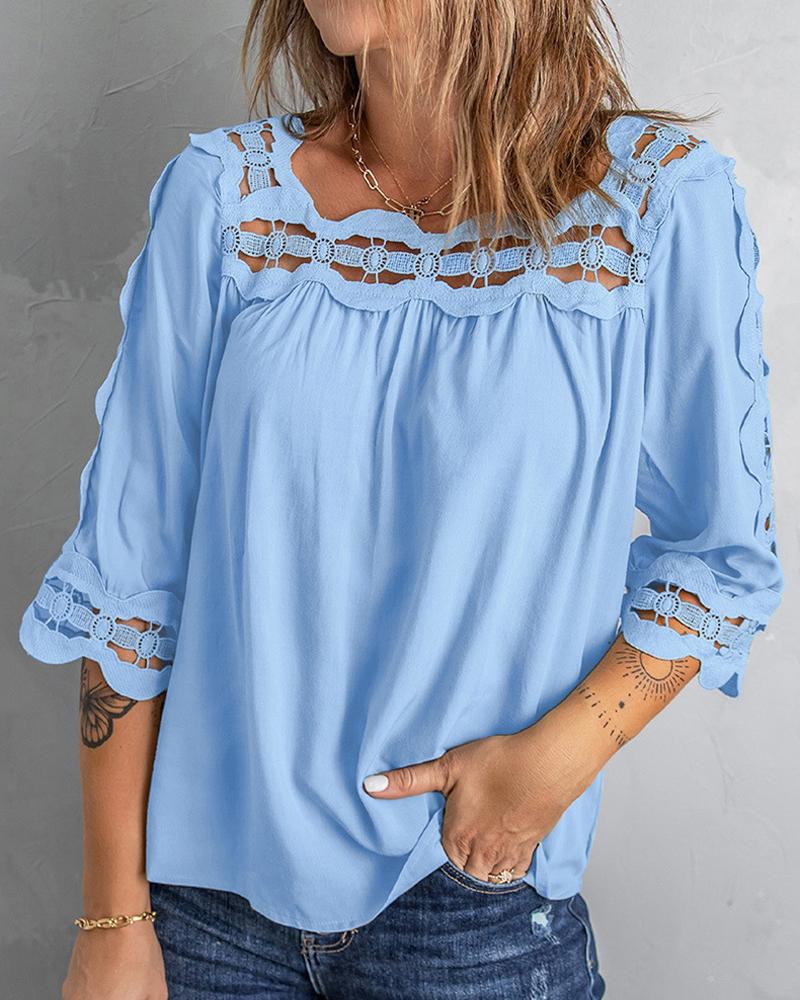 

Guipure Lace Patch Casual Top, Blue
