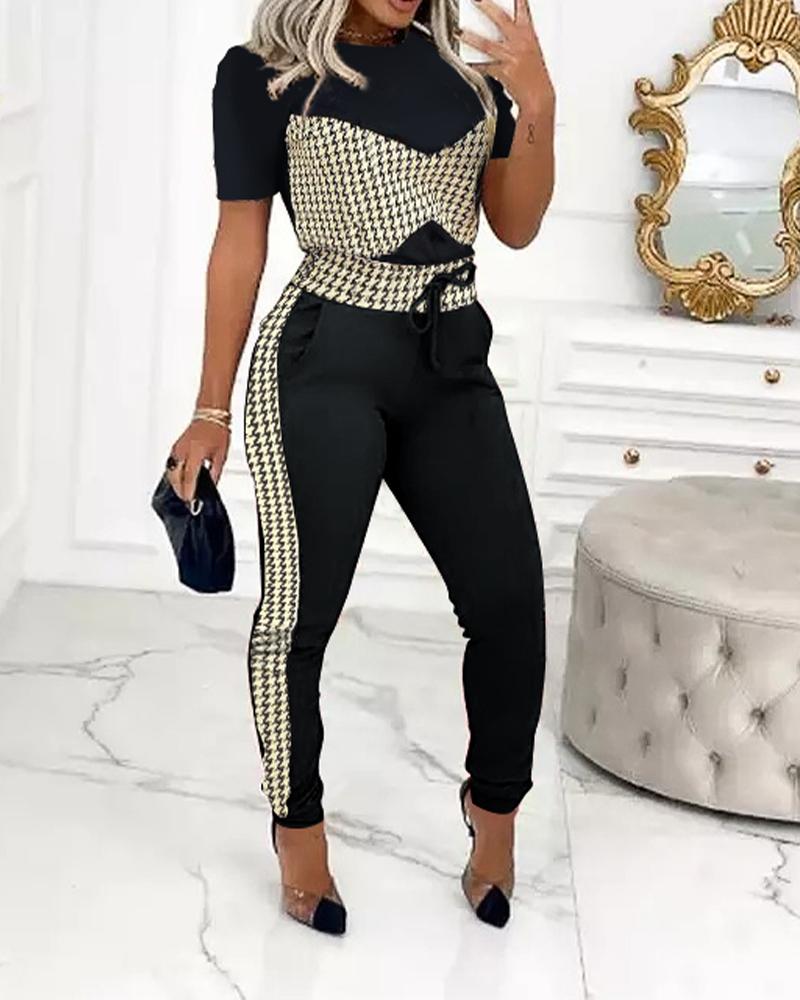 

Houndstooth Colorblock Short Sleeve Top & Drawstring Pants Set, Black