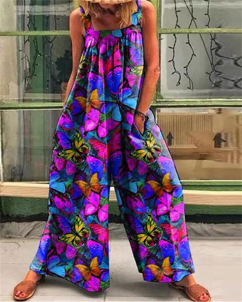 

Butterfly Print Wide Leg Suspender Jumpsuit, Multicolor
