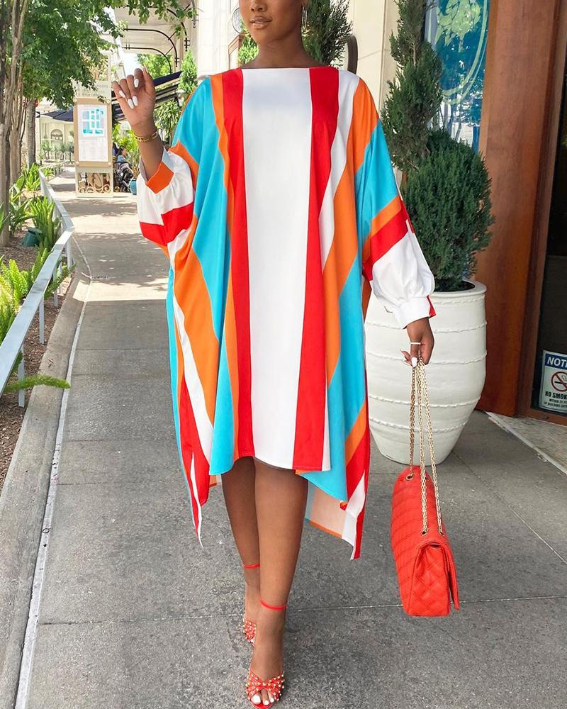 

Colorblock Striped Lantern Sleeve Asymmetrical Dress, Multicolor