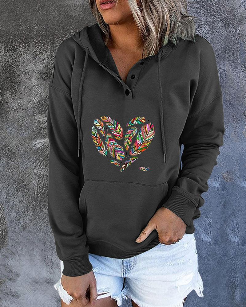

Feather Print Pocket Design Hooded Sweatshirt, Black