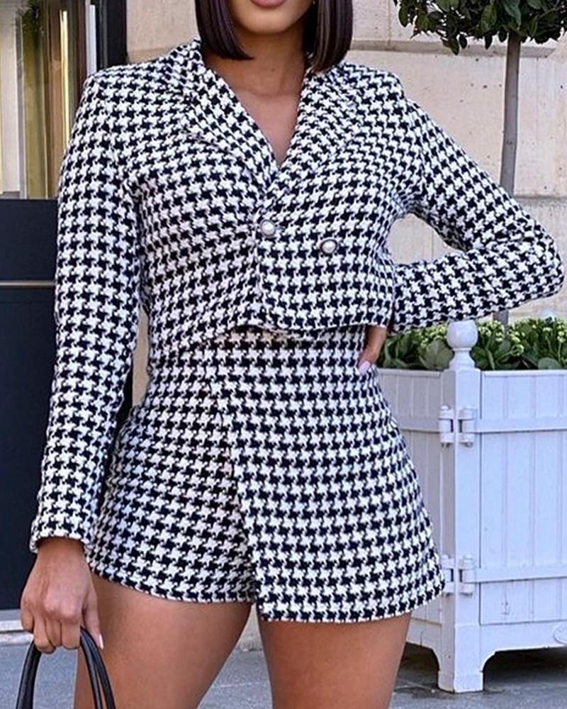

Houndstooth Print Long Sleeve Button Tee & Shorts Set, Black&white