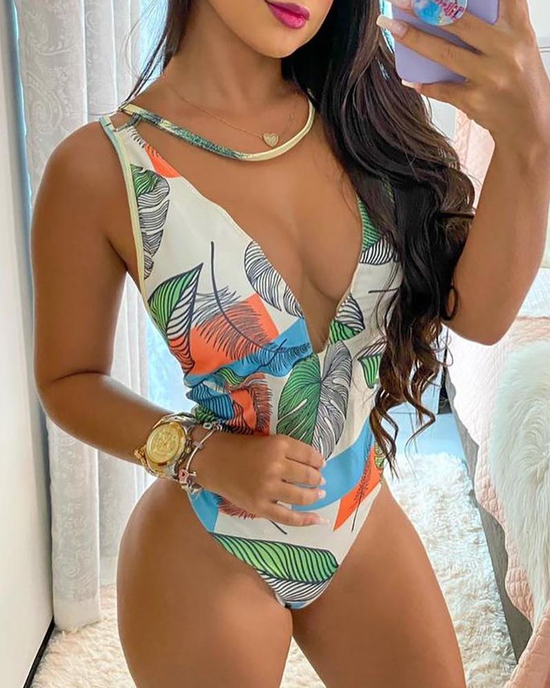 

Plants Print Crisscross Backless One Piece Swimsuit, Multicolor
