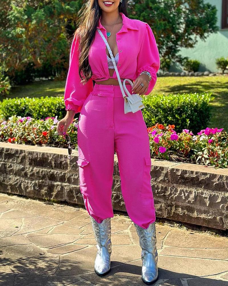 

Crop Top & Shirred Cuffed Pants Set, Rose red