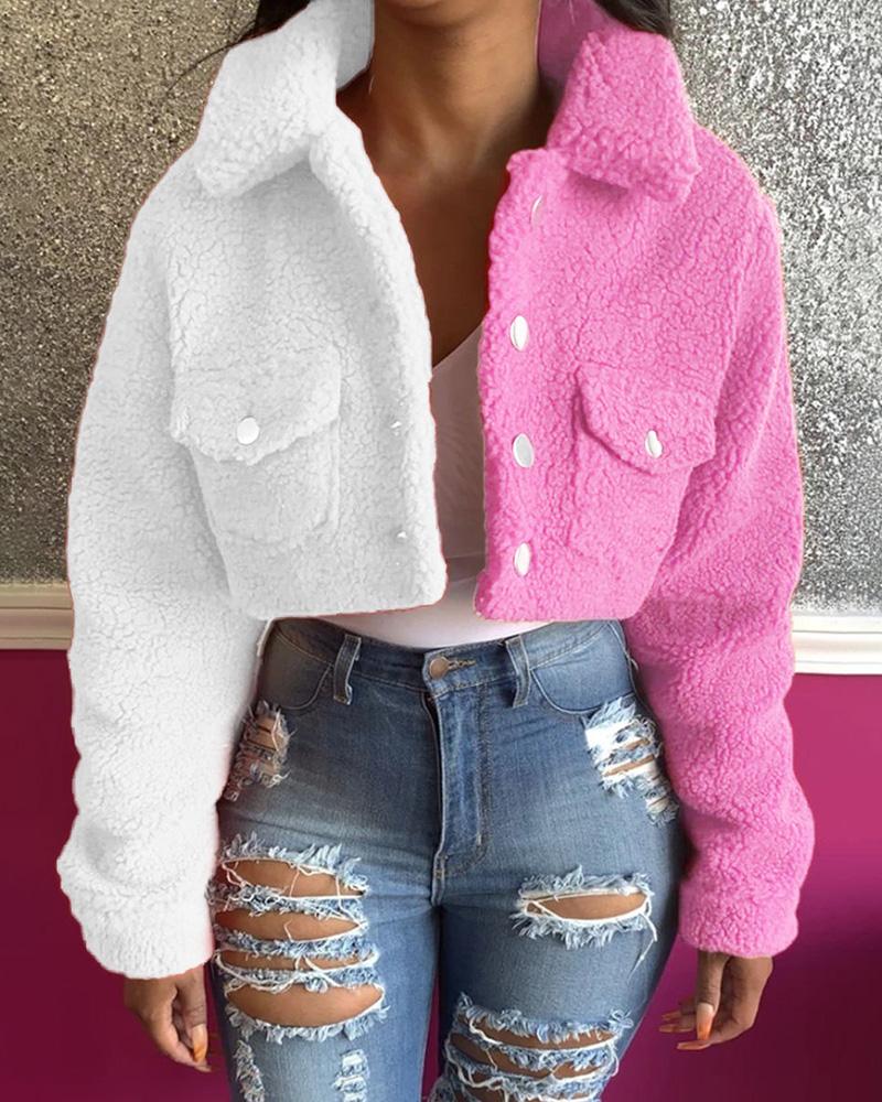 

Colorblock Pocket Button Design Fluffy Crop Shacket, White