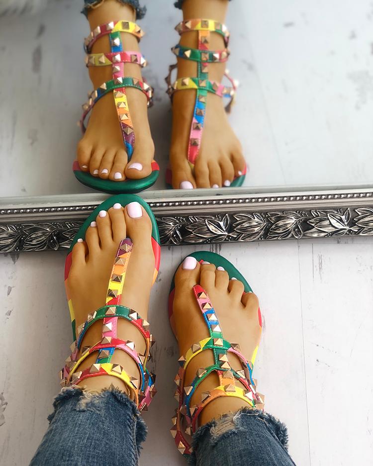 

Rivets Multi Strap Toe Post Flat Sandals, Multicolor