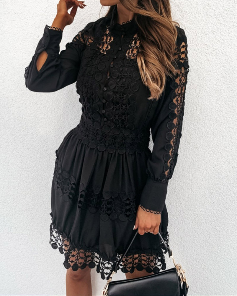 

Long Sleeve Button Front Lace Dress, Black