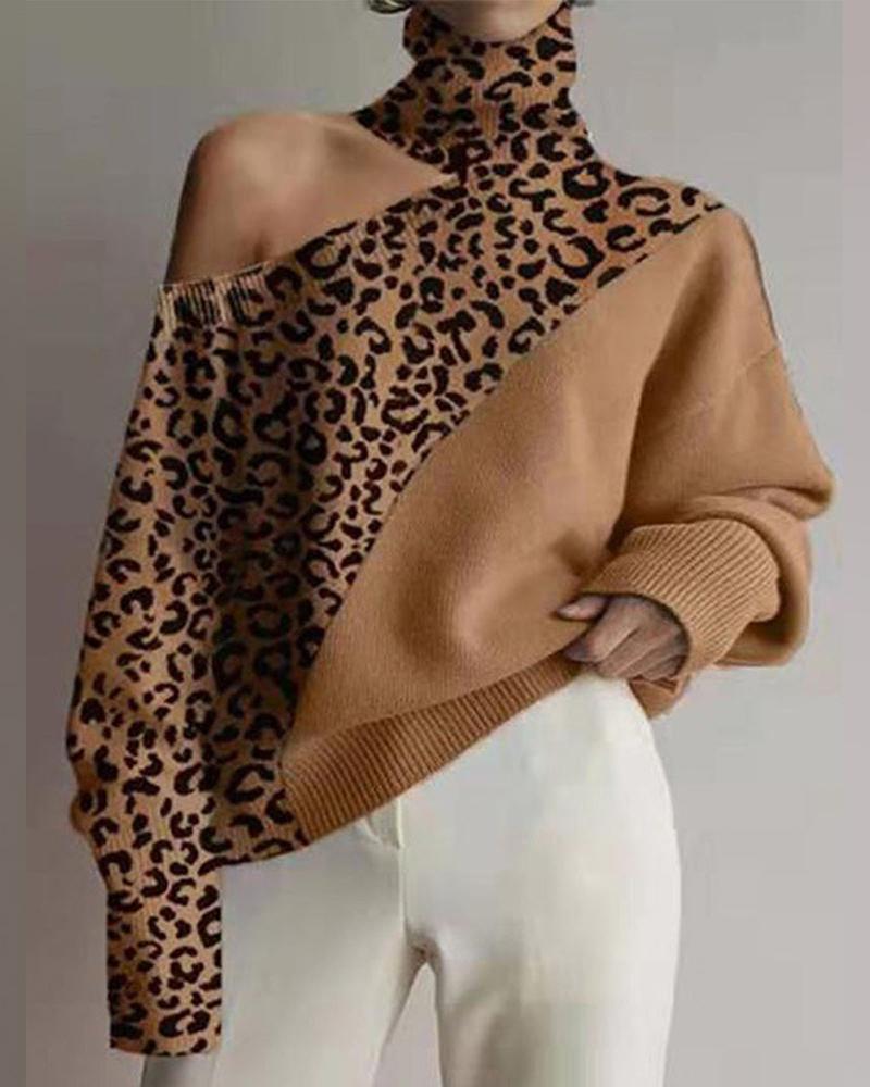 

Contrast Leopard Cold Shoulder Sweater