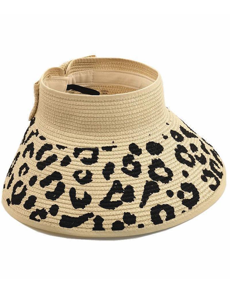 

Leopard Bowknot Wide Brim Beach Visor Sun Hat, Beige