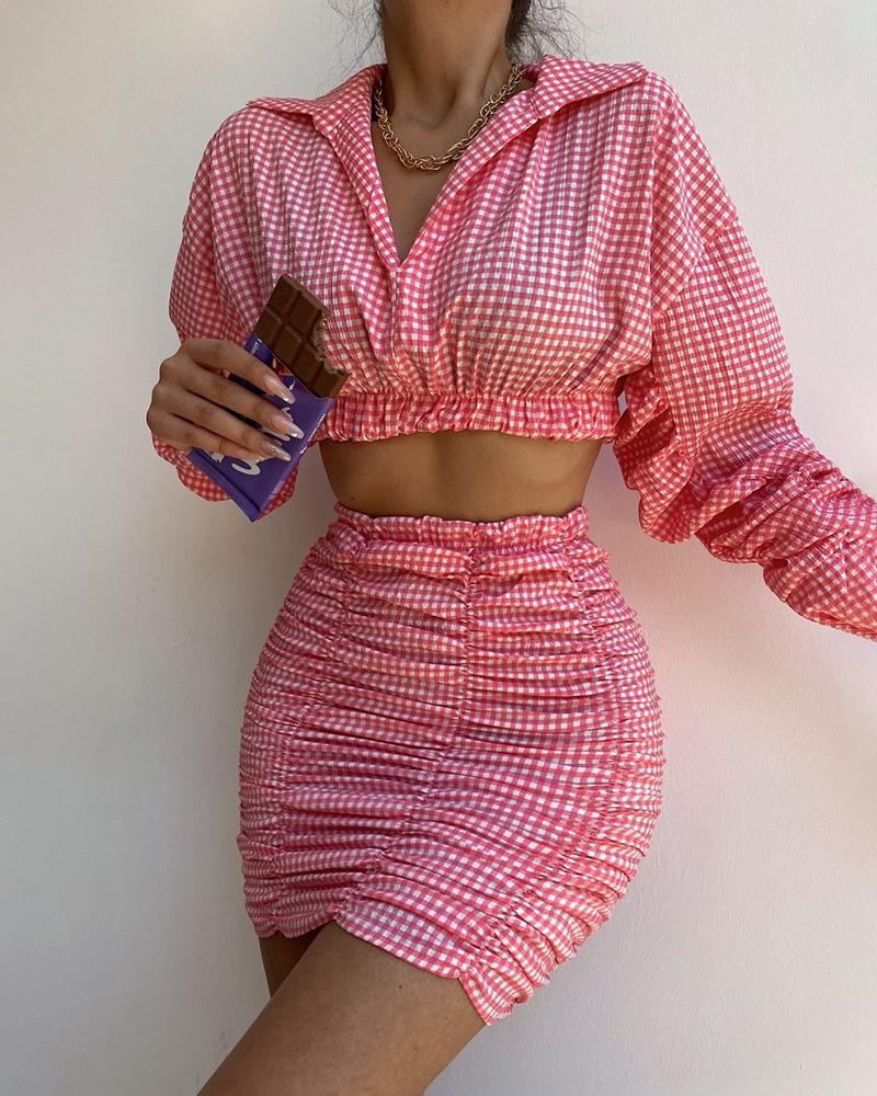 

Plaid Print Lantern Sleeve Crop Top & Ruched Skirt Set, Red