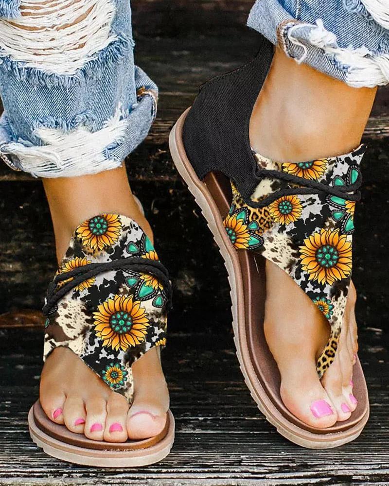 

Sunflower Pattern Toe Post Sandals, Black
