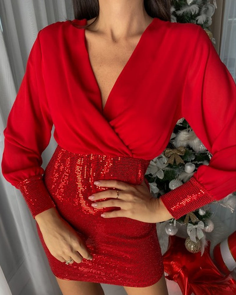 

Long Sleeve Contrast Mesh Sequin Party Dress, Red