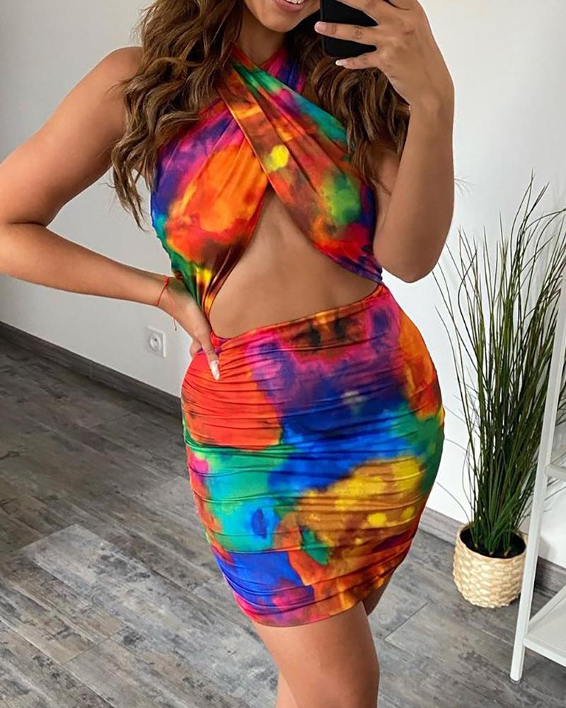 

Tie Dye Print Halter Ruched Bodycon Dress, Multicolor