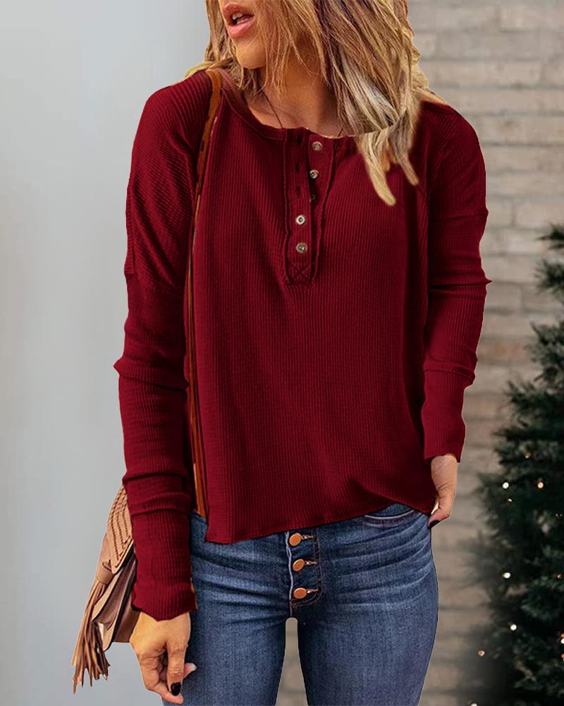 

Long Sleeve Button Front Waffle Knit Top, Wine red
