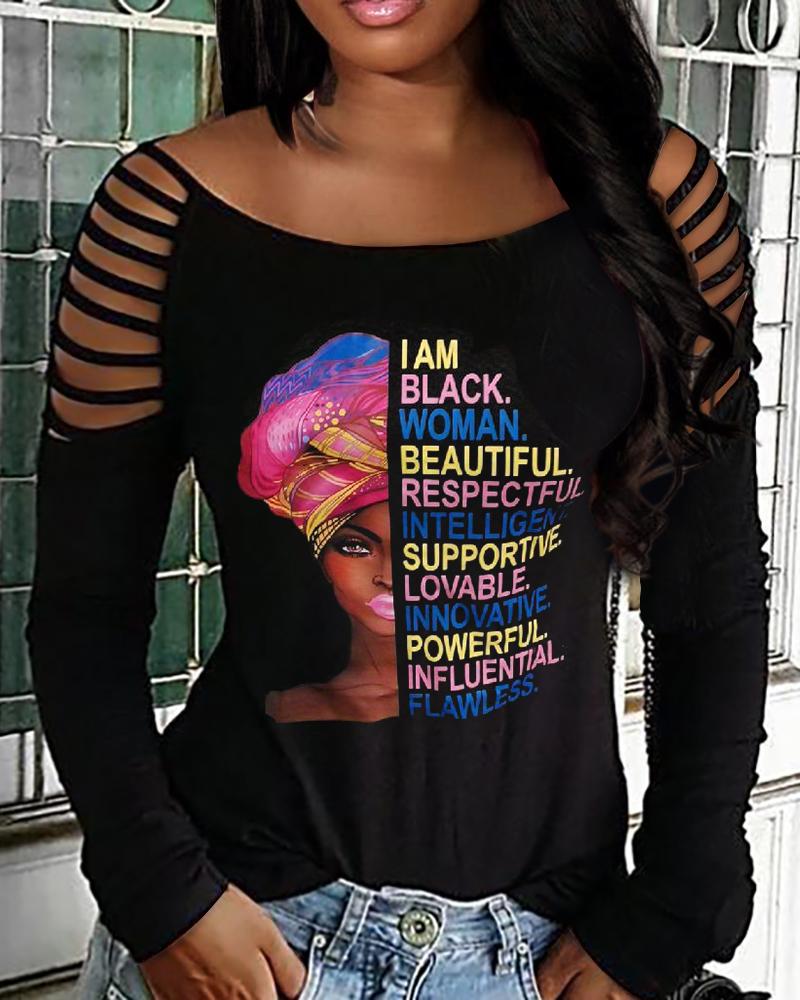 

I Am Black Woman Beautiful Respectful Intelligent Print Cold Shoulder Top