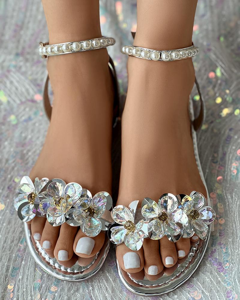 

Crystal Floral Pattern Beaded Ankle Strap Sandals, Silver