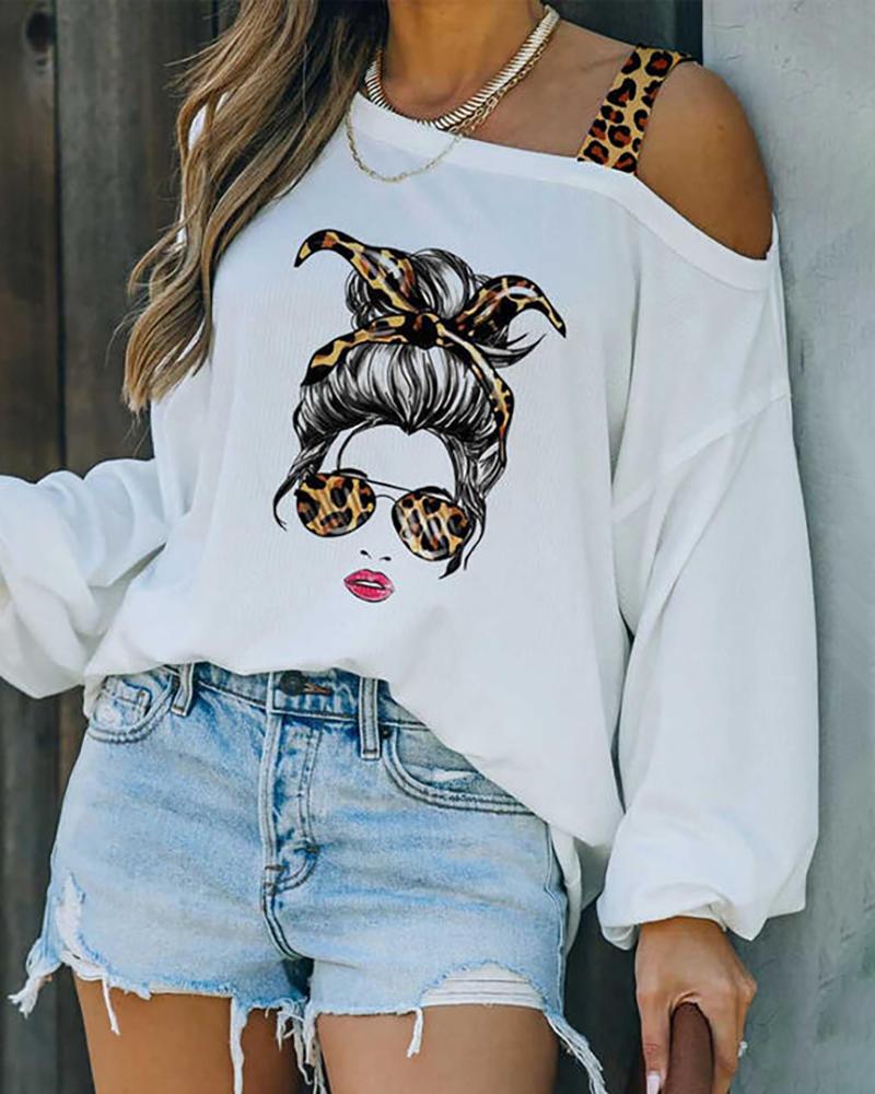 

Figure Print Cold Shoulder Long Sleeve Top, White