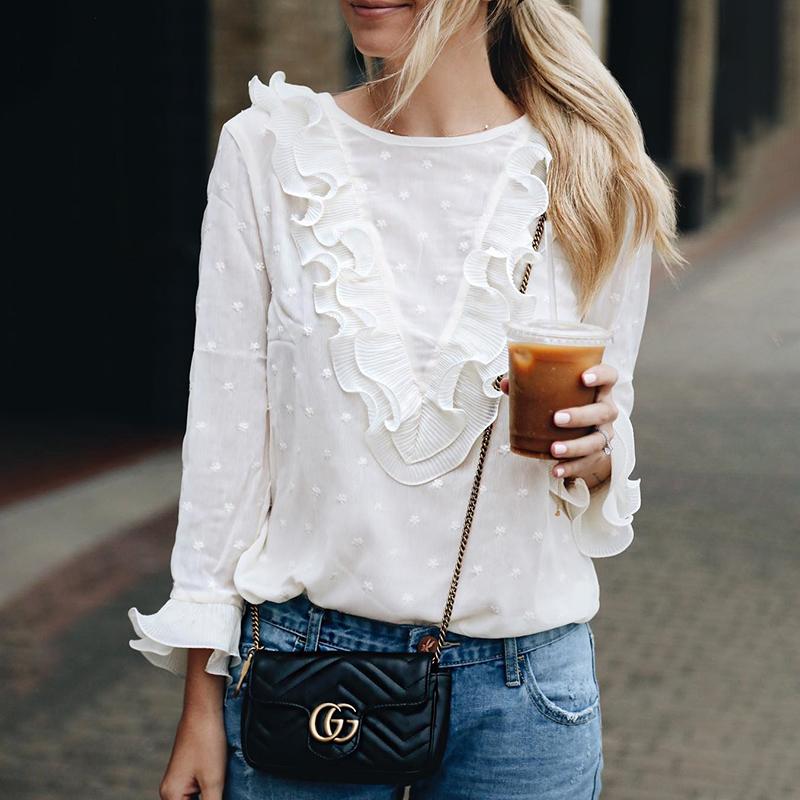 

Stylish Ruffled Flare Sleeve Lace Blouse, White