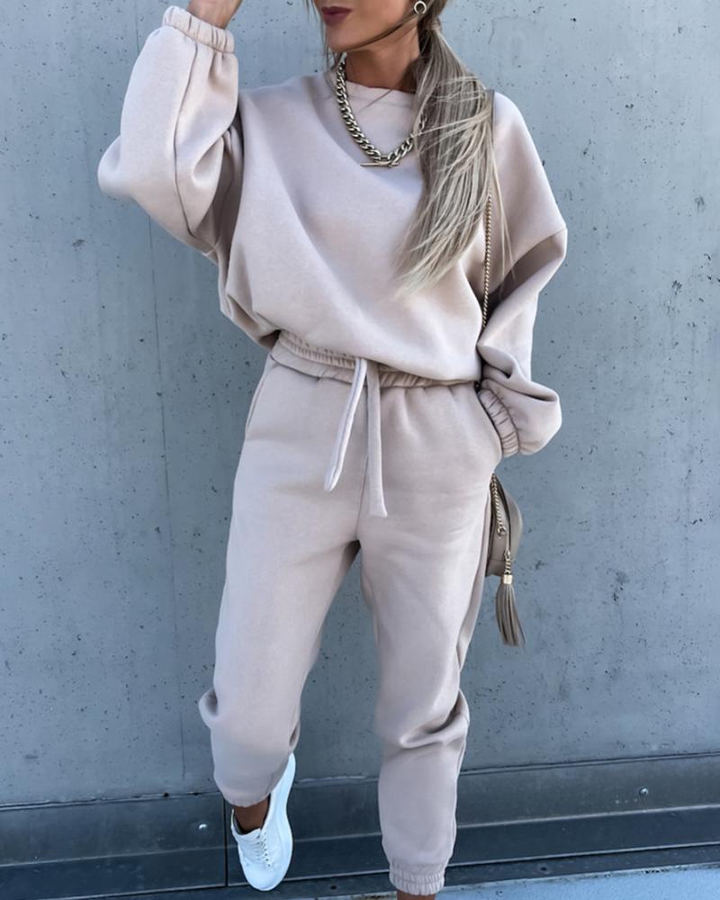 

O Neck Long Sleeve Drawstring Top & High Waist Pants Set, Apricot