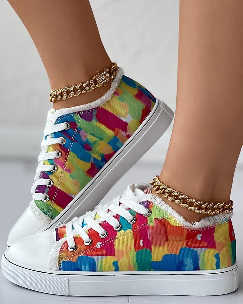 

Melting Colors All Over Print Fringe Hem Canvas Sneakers, Multicolor