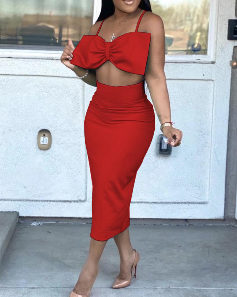 

Bowknot Front Crop Top & Slit Maxi Skirt Set, Wine red