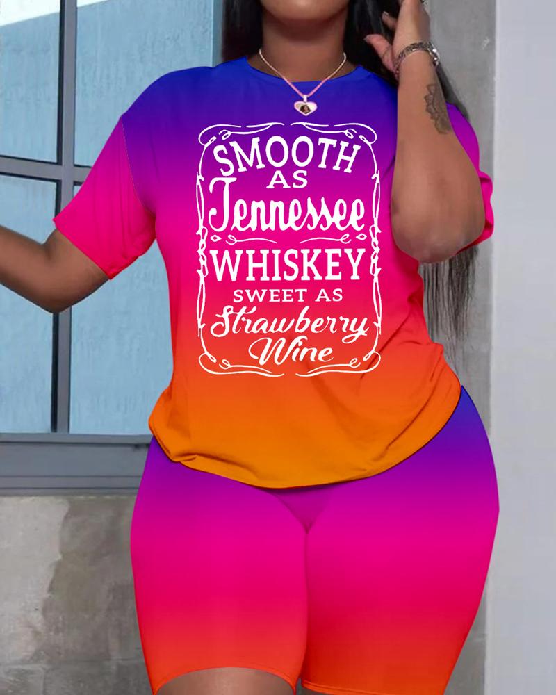 

Plus Size Smooth As Tennessee Whiskey Sweet As Strawberry Wine Print Ombre Top & Shorts Set, Multicolor