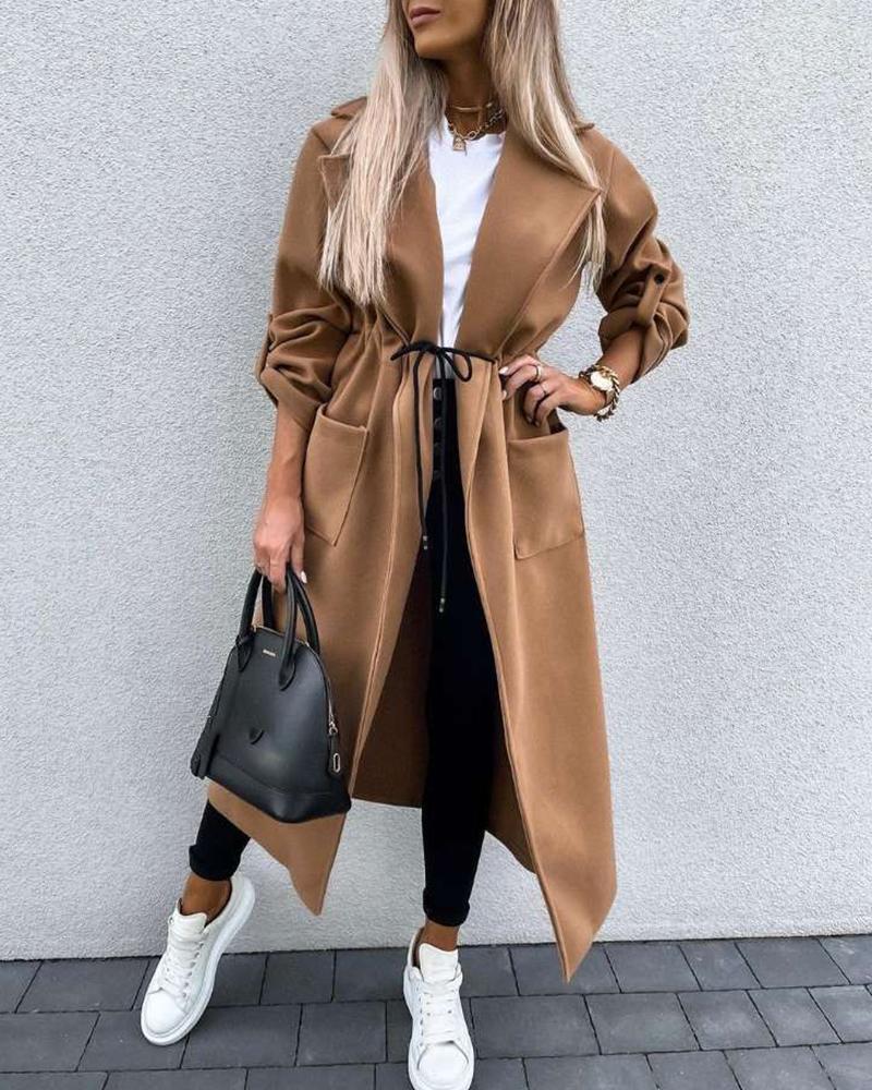 

Pocket Design Drawstring Casual Coat, Khaki