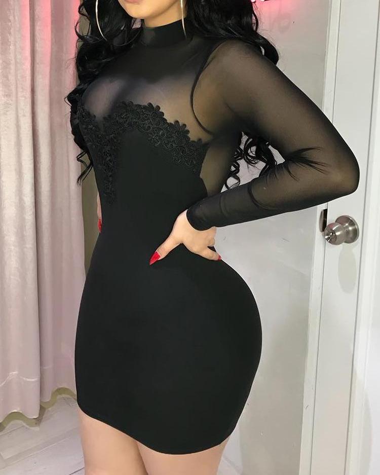 

Sheer Mesh Flower Applique Bodycon Dress, Black