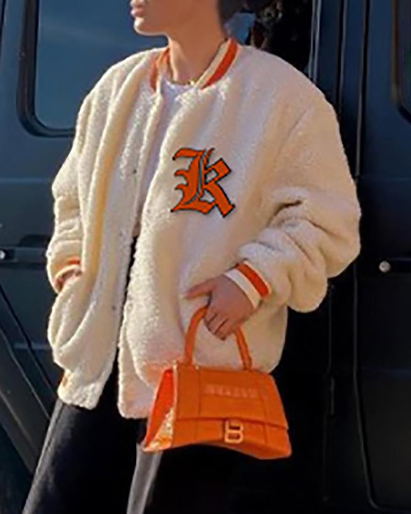 

Long Sleeve Letter Embroidery Teddy Baseball Coat, Beige
