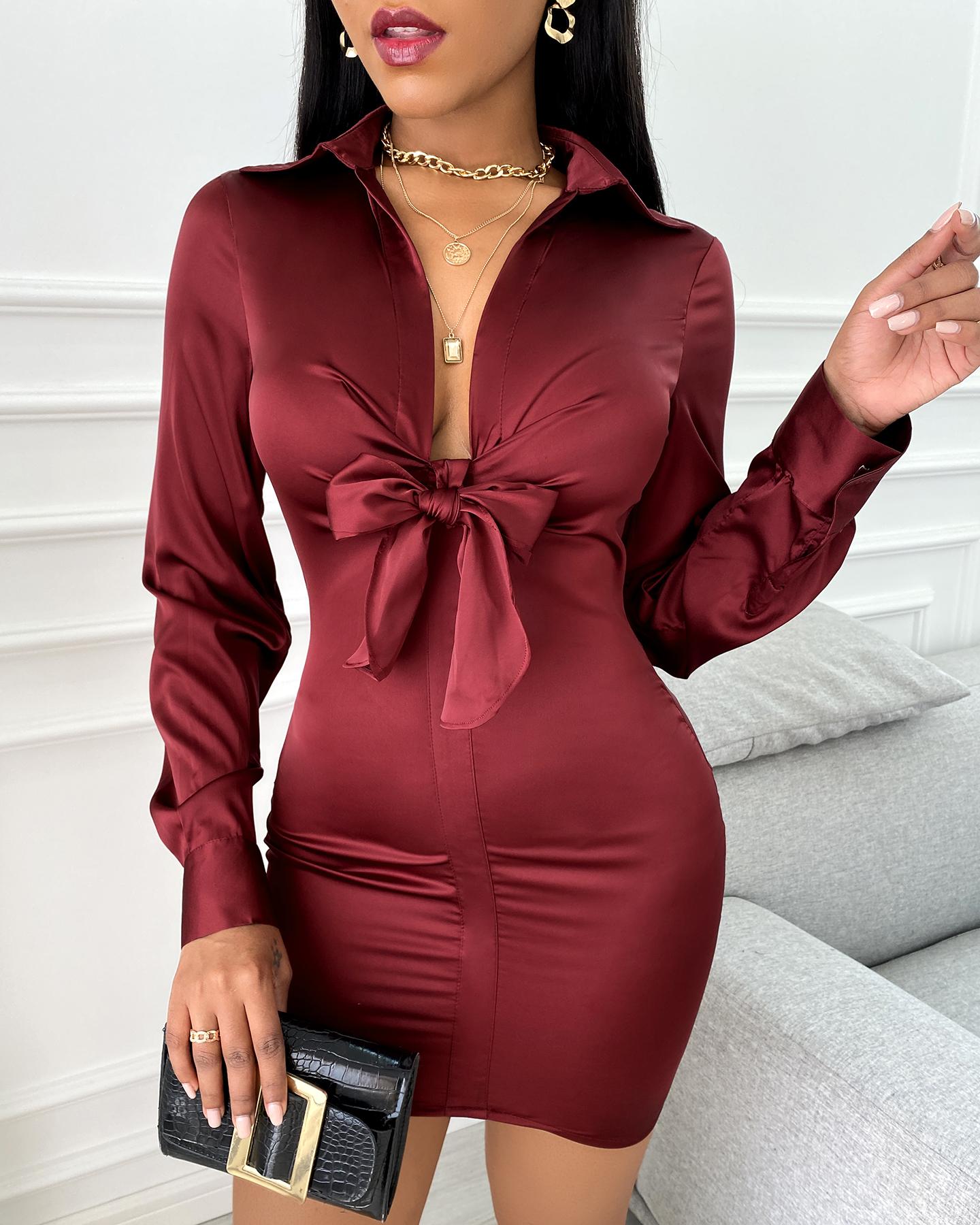 

Plain Plunge Knotted Design Shirt Dress, Wine red
