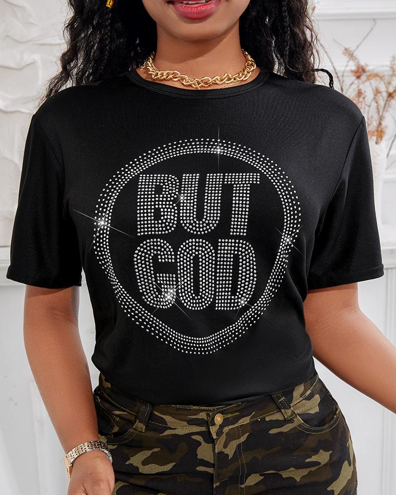 

Rhinestone Letter Pattern Short Sleeve T-shirt, Black