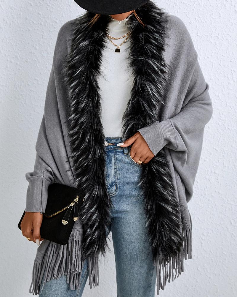 

Contrast Paneled Tassel Design Fur Collar Cape Coat, Gray