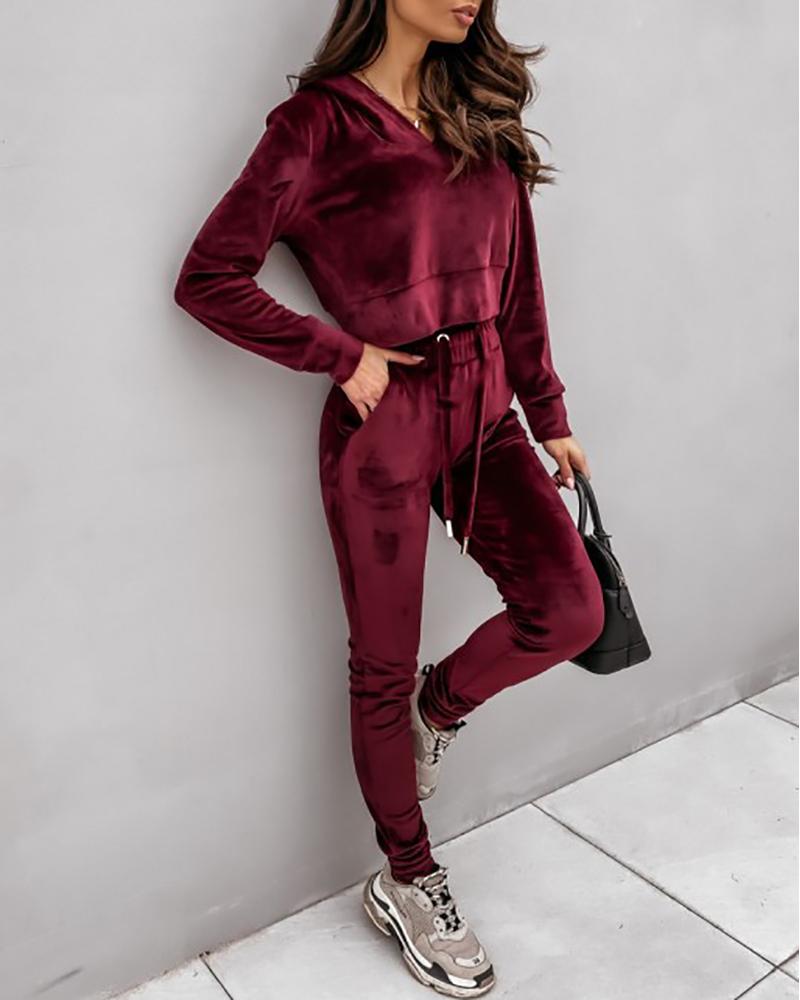 

Lantern Sleeve Hooded Top & Drawstring Pants Set, Wine red