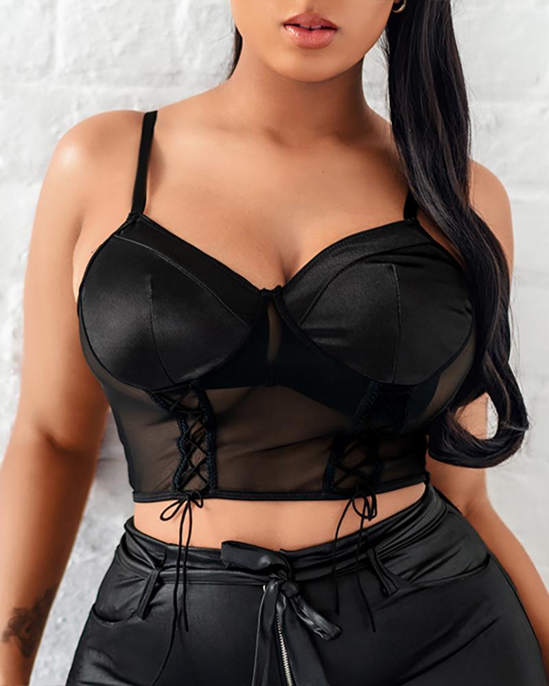 

Lace-up Tied Detail Sheer Mesh Bustier Top, Black